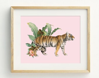 tiger print, animal wall art, tropical prints, jungle cats wall art, tiger printable, botanical printable blush pink decor, 5x7, 8x10, 11x14