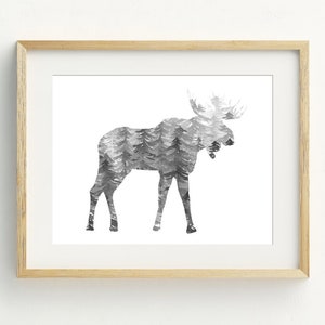 Moose Print, Forest Animal Wall Art, woodland printable digital download, gift for men, black and white wall art, 5x7, 8x10, 11x14, 16x20