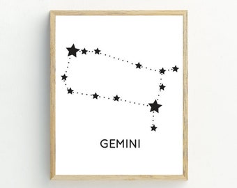 Impresión de constelación zodiacal de Géminis, Impresión de signos del zodiaco, Estrellas Signo de astrología imprimible, estrellas minimalistas en blanco y negro, 5x7, 8x10, 11x14