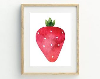Strawberry Print, Fruit Wall Art, Strawberry Printable, Kitchen Wall Art, digital download, minimalist wall art, 5x7, 8x10, 11x14