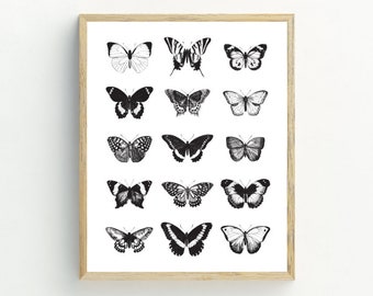 Butterflies Printable, Monochrome Butterfly Art Prints, Black and white wall art, contemporary Decor, 5x7, 8x10, 11x14, 16x20
