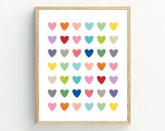 Hearts Print, hearts wall art, nursery wall decor, hearts print, rainbow hearts printable,  5x7, 8x10, 11x14, 16x20