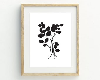 Black and White Minimalist Botanical print, Leaf wall art, Plant wall print, Instant Download Printable Art, 5x7, 8x10, 11x14
