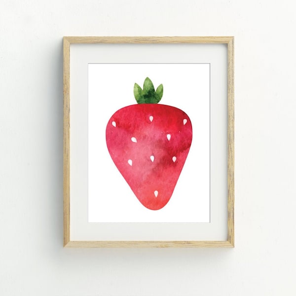 Strawberry Print, Fruit Wall Art, Strawberry Printable, Kitchen Wall Art, digital download, minimalist wall art, 5x7, 8x10, 11x14