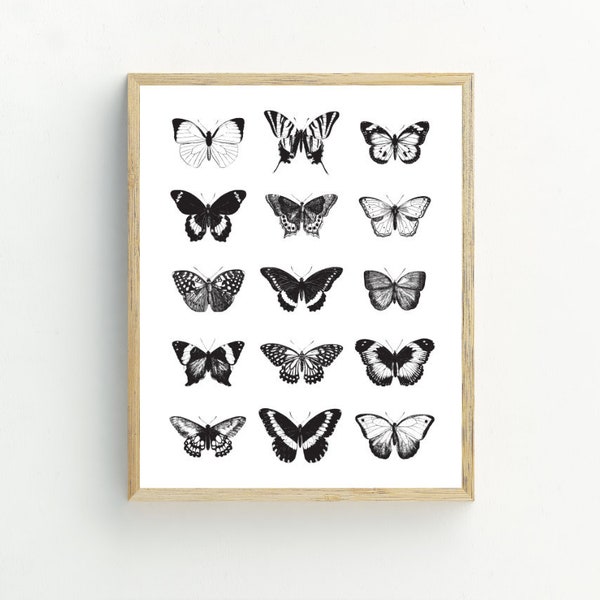 Butterflies Printable, Monochrome Butterfly Art Prints, Black and white wall art, contemporary Decor, 5x7, 8x10, 11x14, 16x20