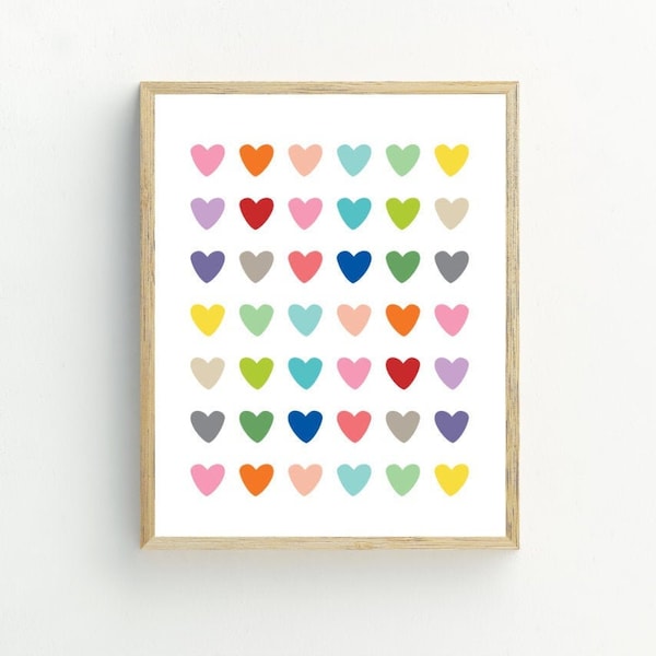 Hearts Print, hearts wall art, nursery wall decor, hearts print, rainbow hearts printable,  5x7, 8x10, 11x14, 16x20