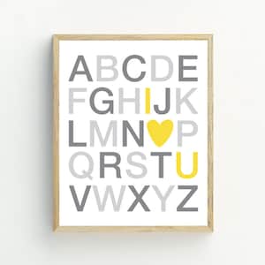 Alphabet printable art, nursery printable, grey and yellow decor, 5x7, 8x10, 11x14, 16x20