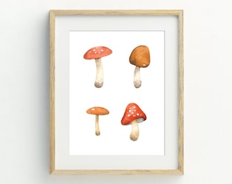 mushroom print, woodland wall decor, nursery wall decor, mushrooms printable, mushroom watercolor print,  5x7, 8x10, 11x14, 16x20