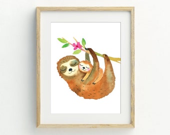 Mom and baby sloth Print, Animal Wall Art, Sloth Nursery printable art, digital download, girl nursery wall art, 5x7, 8x10, 11x14