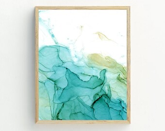 Abstract Art Print, Teal Green Abstract Watercolor Wall Decor, Printable Art, Abstract ink print, Contemporary Decor, 8x10 and 11x14, 16x20