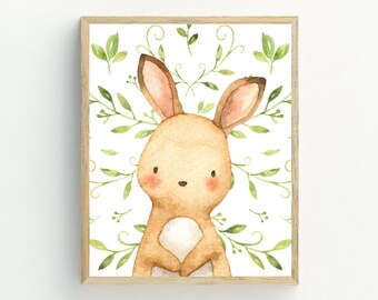 Estampado de conejo, decoración de pascua, decoración de pared de animales, póster de conejo, descarga de acuarela de conejo, arte de pared de guardería, 5x7, 8x10, 11x14