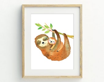 Mom and baby sloth Print, Animal Wall Art, Sloth Nursery printable art, digital download, girl nursery wall art, 5x7, 8x10, 11x14, 16x20