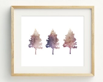 May include: A framed print of three watercolor trees in shades of brown, purple, and blue against a white background.