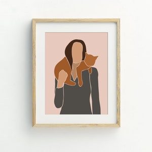 Woman and cat Print, Cat Wall Art, abstract woman holding cat printable, instant digital download, contemporary art, 5x7, 8x10, 11x14, 16x20