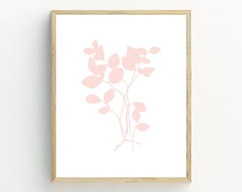 May include: A framed print with a minimalist design featuring a pink silhouette of a leafy branch on a white background.
