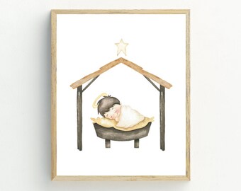 Baby Jesus Print, Manger Art Print, Christmas Printable, Christmas wall art, digital download, Christmas decor, 5x7, 8x10, 11x14