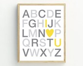 Alphabet printable art, nursery printable, grey and yellow decor, 5x7, 8x10, 11x14, 16x20