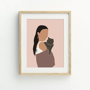 Woman and cat Print, Cat Wall Art, abstract woman holding cat printable, instant digital download, contemporary art, 5x7, 8x10, 11x14, 16x20