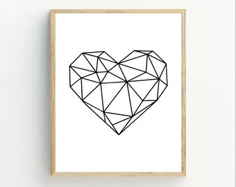 Geometric Heart Print, Black and white Minimalist Wall Decor, Printable Art, Contemporary Wall Decor, 5x7, 8x10, 11x14, Valentines Decor
