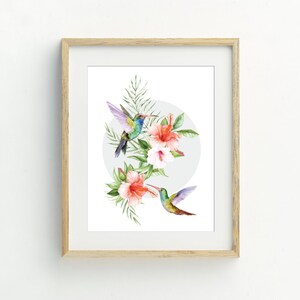 Hummingbird Print, Bird Wall Art, printable digital download, hummingbird and hibiscus flower print, Tropical Decor, 5x7, 8x10, 11x14, 16x20
