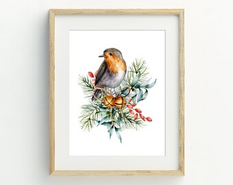 Puede incluir: Una pintura de acuarela de un petirrojo posado en una rama de pino con bayas rojas y campanas doradas. El pájaro está mirando hacia la izquierda y tiene el pecho rojo, la espalda gris y los ojos marrones.