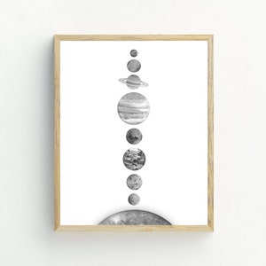 Può includere: Un'illustrazione ad acquerello in bianco e nero dei pianeti del nostro sistema solare, disposti verticalmente in ordine di grandezza, con il pianeta più grande in alto e il più piccolo in basso.