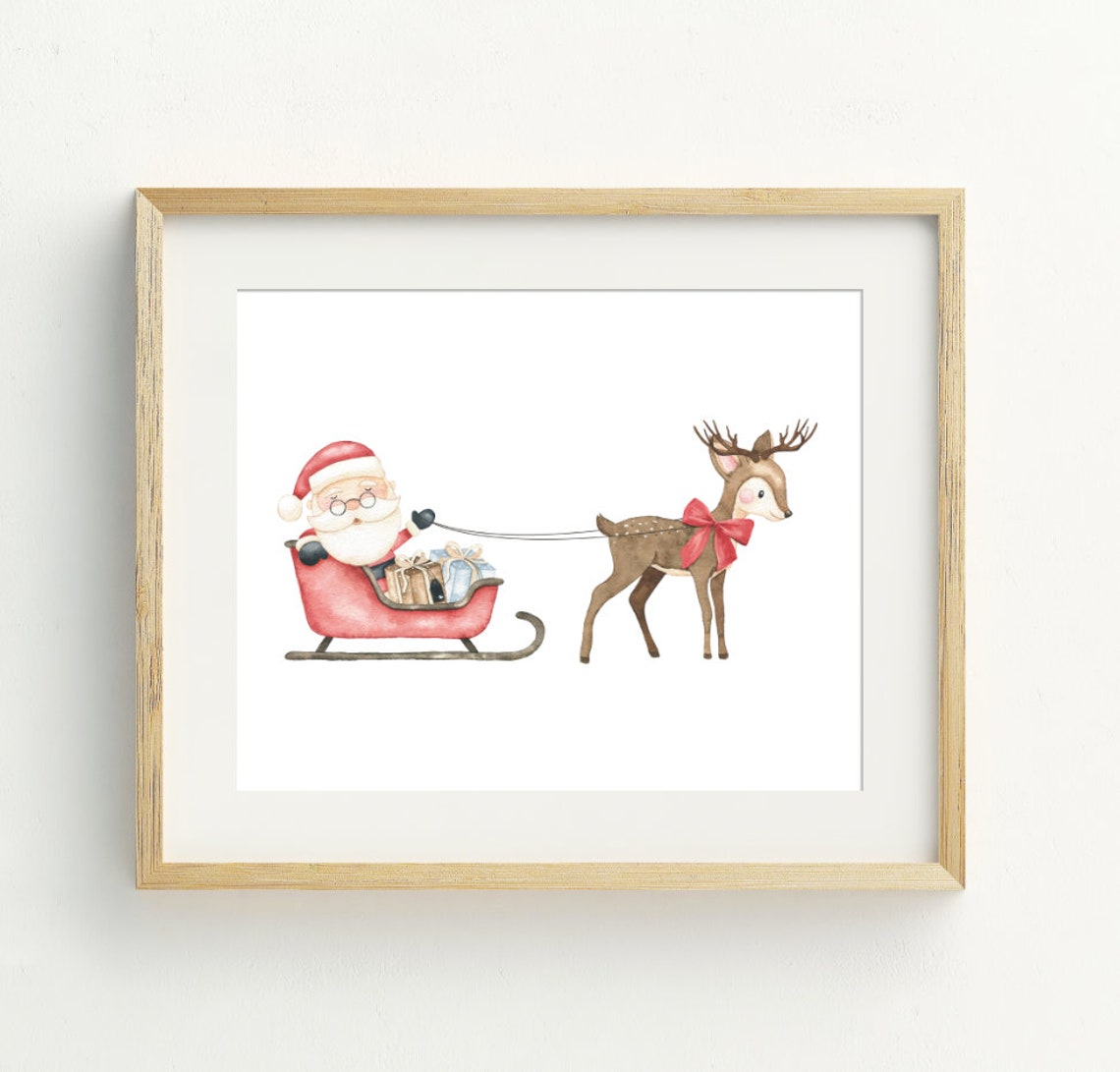 Santa Claus Print Santa and Sleigh Wall Art Christmas Etsy