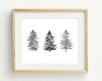 Tree Print, Watercolor Pine Trees Printable Art, Minimalist Tree Wall Decor, Woodland Wall Art, Instant digital download, 5x7, 8x10, 11x14
