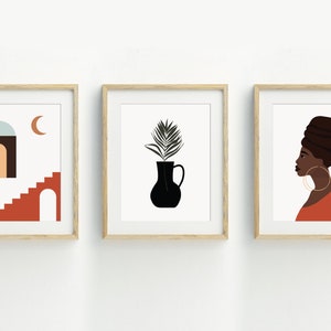 Abstract Printable Wall Art, African Scene INSTANT DOWNLOAD, Woman Print, Desert Decor, Vase with leaf, Set of 3, 5x7, 8x10, 11x14, 16x20