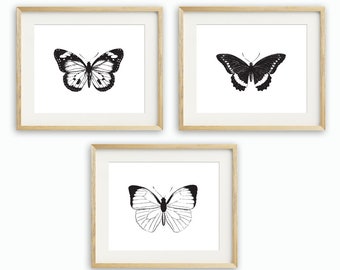 Butterfly Printable, Set of 3, Monochrome Butterfly Art Print, Minimalist home, Black and white wall art, Monochrome Decor, 5x7, 8x10, 11x14