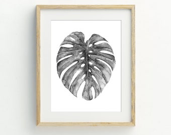 Monstera Leaf Print, Black and White Leaf Print, Instant Download Printable Art, Botanical Wall Decor, Leaf Printable Art, 5x7, 8x10, 11x14