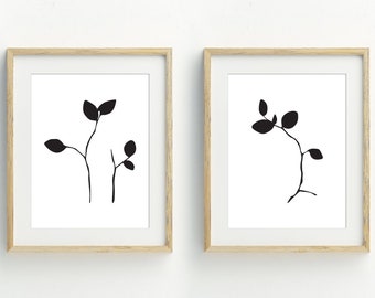 Black and White Botanical Art Prints, Leaf Art Prints, Nature Wall Decor, Minimalist Wall Art, Set of 2, digital download, 5x7, 8x10, 11x14