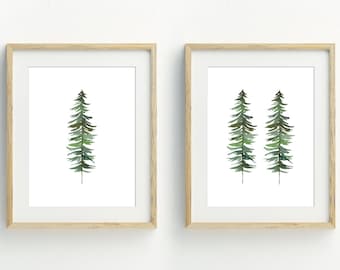 Pine Tree Print, Minimalist Tree Wall Decor, Woodland Wall Art, Tree Watercolor Art, Set of 2, instant digital download, 5x7, 8x10, 11x14