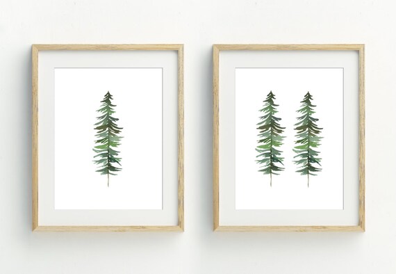 Pine Tree Print, Minimalist Tree Wall Decor, Woodland Wall Art, Tree Watercolor Art, Set of 2, instant digital download, 5x7, 8x10, 11x14
