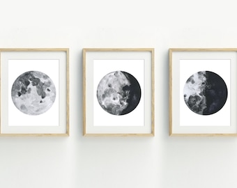 Moon Art Print, Moon Wall Art, Moon Printable, Modern Wall Art, set of 3 moon prints, celestial wall art, Printable Wall Art