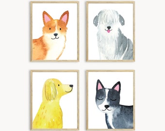 Impresiones para perros, Arte de pared de acuarela para perros, Juego de 4 impresiones, Decoración de paredes para perros, Decoración de dormitorios para niños, descarga imprimible para perros de guardería 5x7, 8x10, 11x14