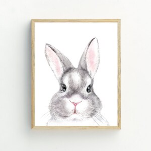 May include: A watercolor painting of a gray rabbit with pink ears and nose. The rabbit is looking directly at the viewer with a curious expression.