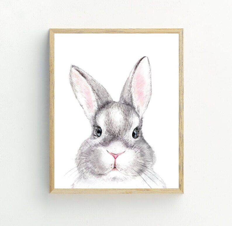 May include: A watercolor painting of a gray rabbit with pink ears and nose. The rabbit is looking directly at the viewer with a curious expression.