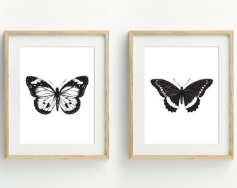 Butterfly Printable, Set of 2, Monochrome Butterfly Art Print, Minimalist home, Black and white wall art, Monochrome Decor, 5x7, 8x10, 11x14