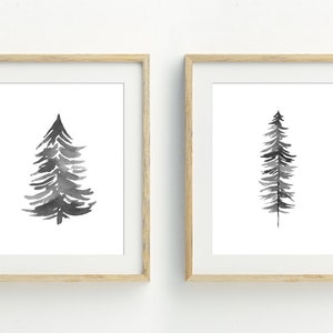 Pine Tree Prints, Minimalist Tree Wall Decor, Black and White Woodland Wall Art, Tree Watercolor Art, Set of 2, 5x7, 8x10, 11x14