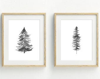 Pine Tree Prints, Minimalist Tree Wall Decor, Black and White Woodland Wall Art, Tree Watercolor Art, Set of 2, 5x7, 8x10, 11x14