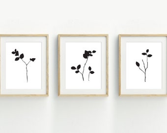 Minimalist Botanical Art Prints, Leaf Wall Art, Black and White Botanical Prints, Set of 3, branch wall art, 5x7, 8x10, 11x14