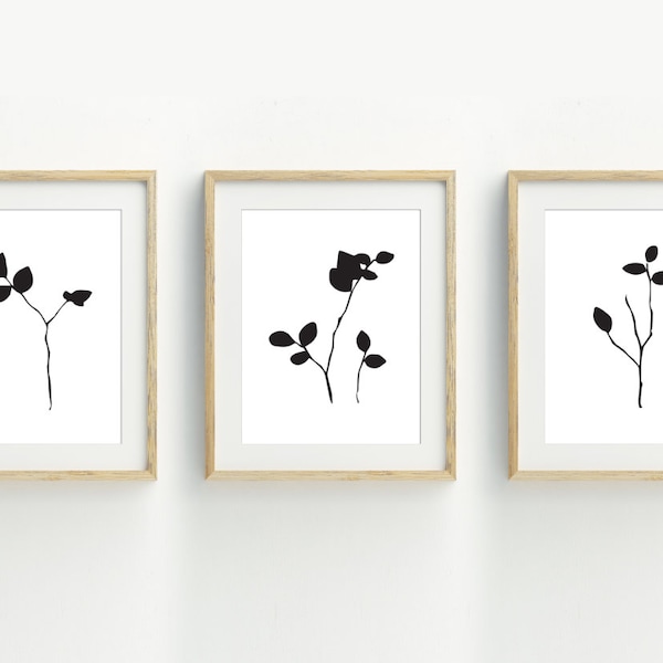 Minimalist Botanical Art Prints, Leaf Wall Art, Black and White Botanical Prints, Set of 3, branch wall art, 5x7, 8x10, 11x14