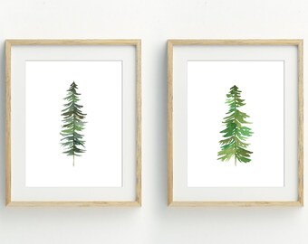 Pine Tree Print, Minimalist Tree Wall Decor, Woodland Wall Art, Tree Watercolor Art, Set of 2, instant digital download, 5x7, 8x10, 11x14