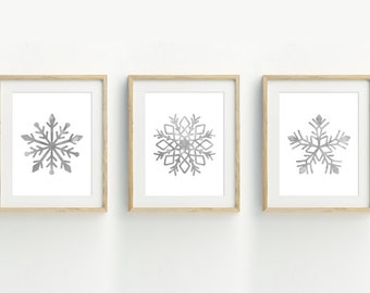 Snowflake Art Print, Christmas printable wall art, grey snowflake prints, minimalist wall art, set of 3 prints, 5x7, 8x10, 11x14, 16x20