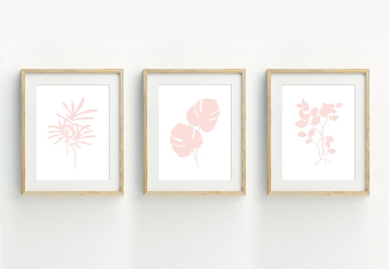 Blush Pink Minimalist Botanical Art Prints, Leaf Wall Art, Set of 3 ...