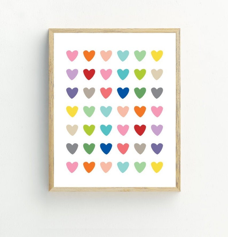 Hearts Print, hearts wall art, nursery wall decor, hearts print, rainbow hearts printable, 5x7, 8x10, 11x14, 16x20 image 1