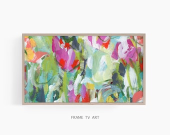 Samsung Frame TV Art, Abstract Floral Painting, Frame TV Art, Bright Colors Modern Painting, Digital Download, Green Pink Yellow