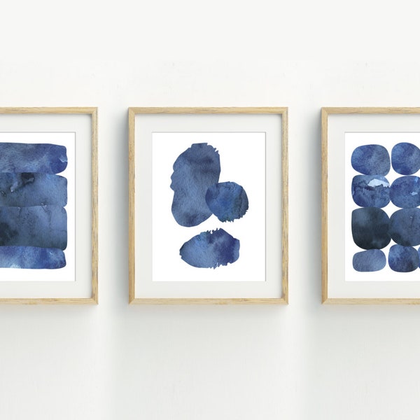 Abstract art print, Indigo blue watercolor, Abstract wall art,  contemporary artwork,  set of 3 printable files, 16x20