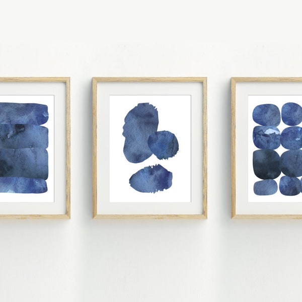 Abstract art print, Indigo blue watercolor, Abstract wall art,  contemporary artwork,  set of 3 printable files, 5x7, 8x10 or 11x14,